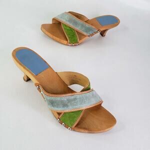 Coach Y2K Wooden Sandals Size 8 Vintage Kitten Heels Leather Open Toe Italy